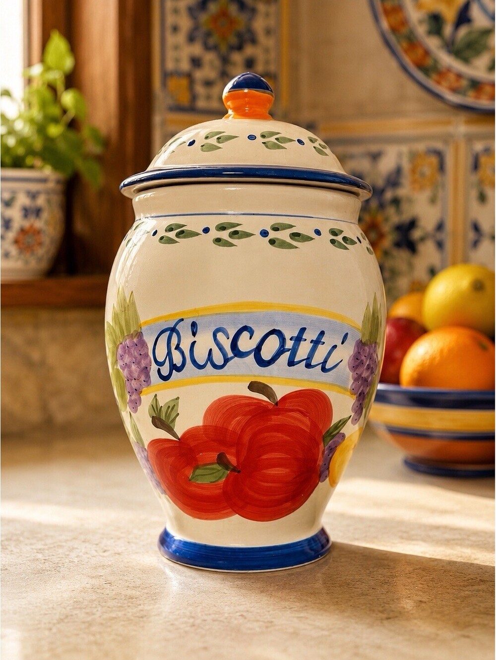 Vintage 1990s Hand Painted Biscotti Ceramic Lidded Jar, 4.5x9.5”